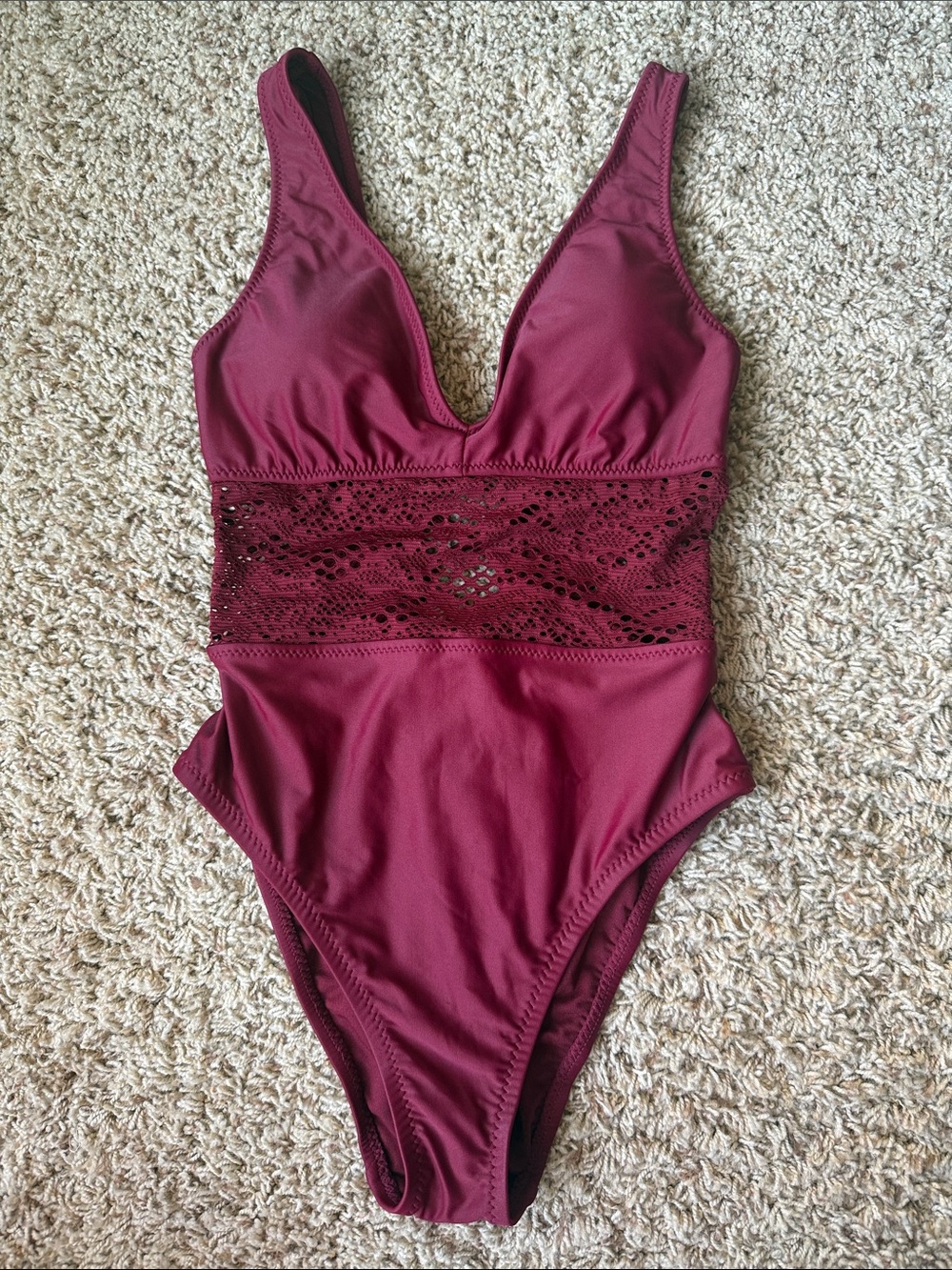 Shade & Shore Burgundy Lace-Trim One-Piece Swimsuit